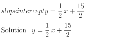 The slope intercept of y= 1/2 x+15/2 is y= 1/2 x+15/2